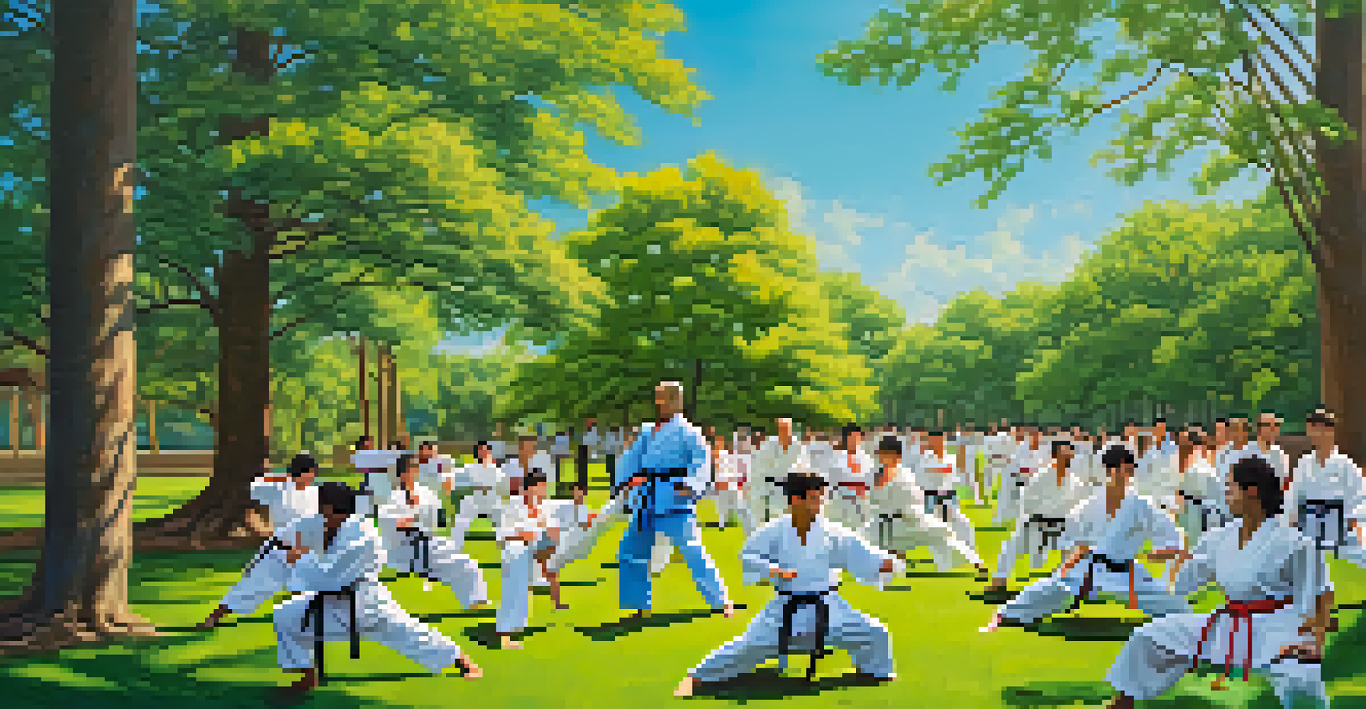 A group of martial artists of various styles training together in a sunny park surrounded by greenery.