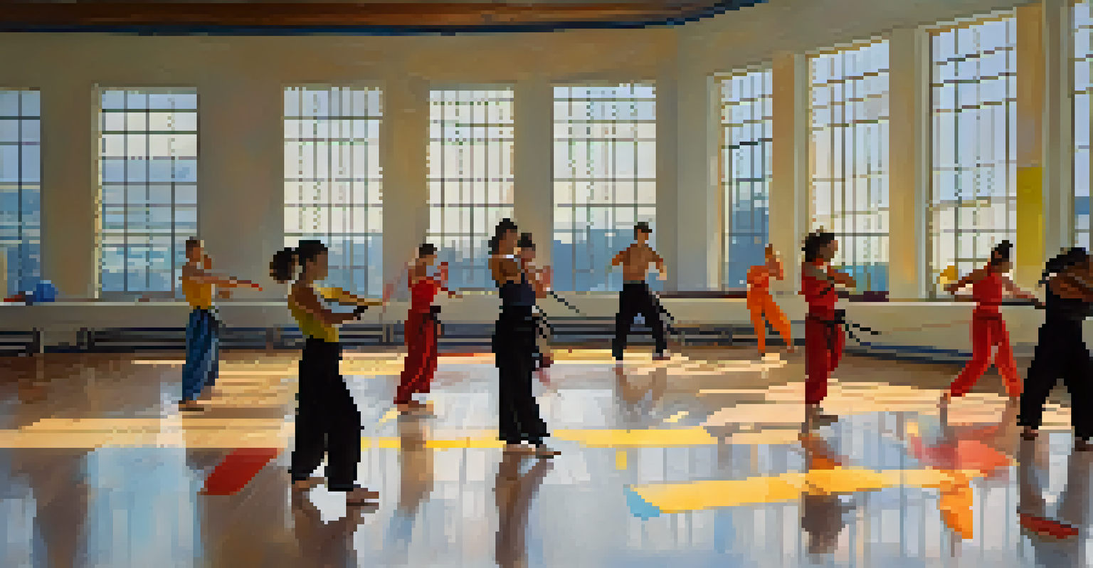 A group of performers rehearsing martial arts choreography in a spacious studio with mirrors and natural light, showcasing their focus and teamwork.