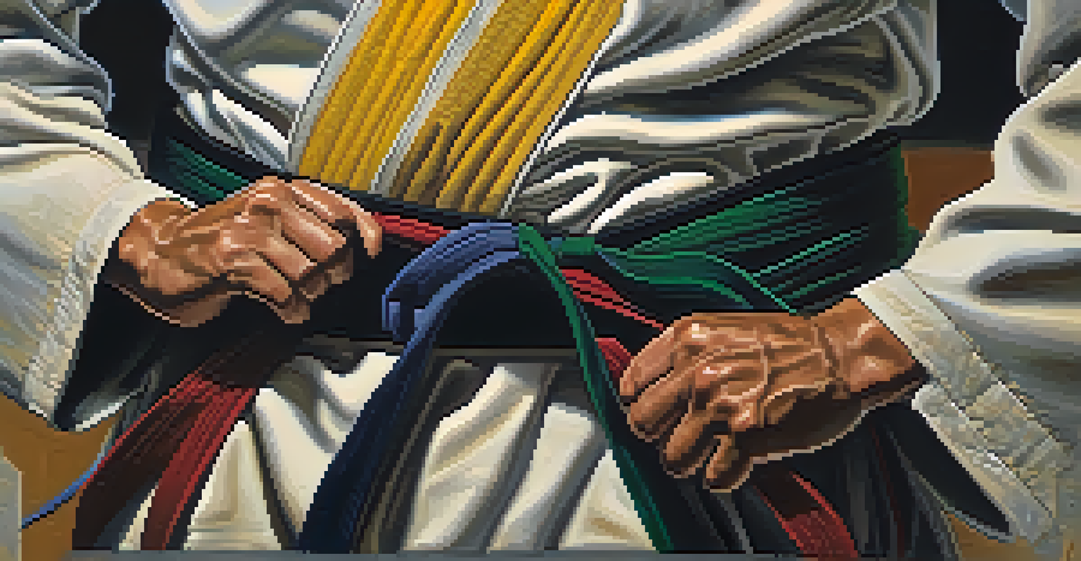 A close-up of hands tying a colored martial arts belt, symbolizing achievement.