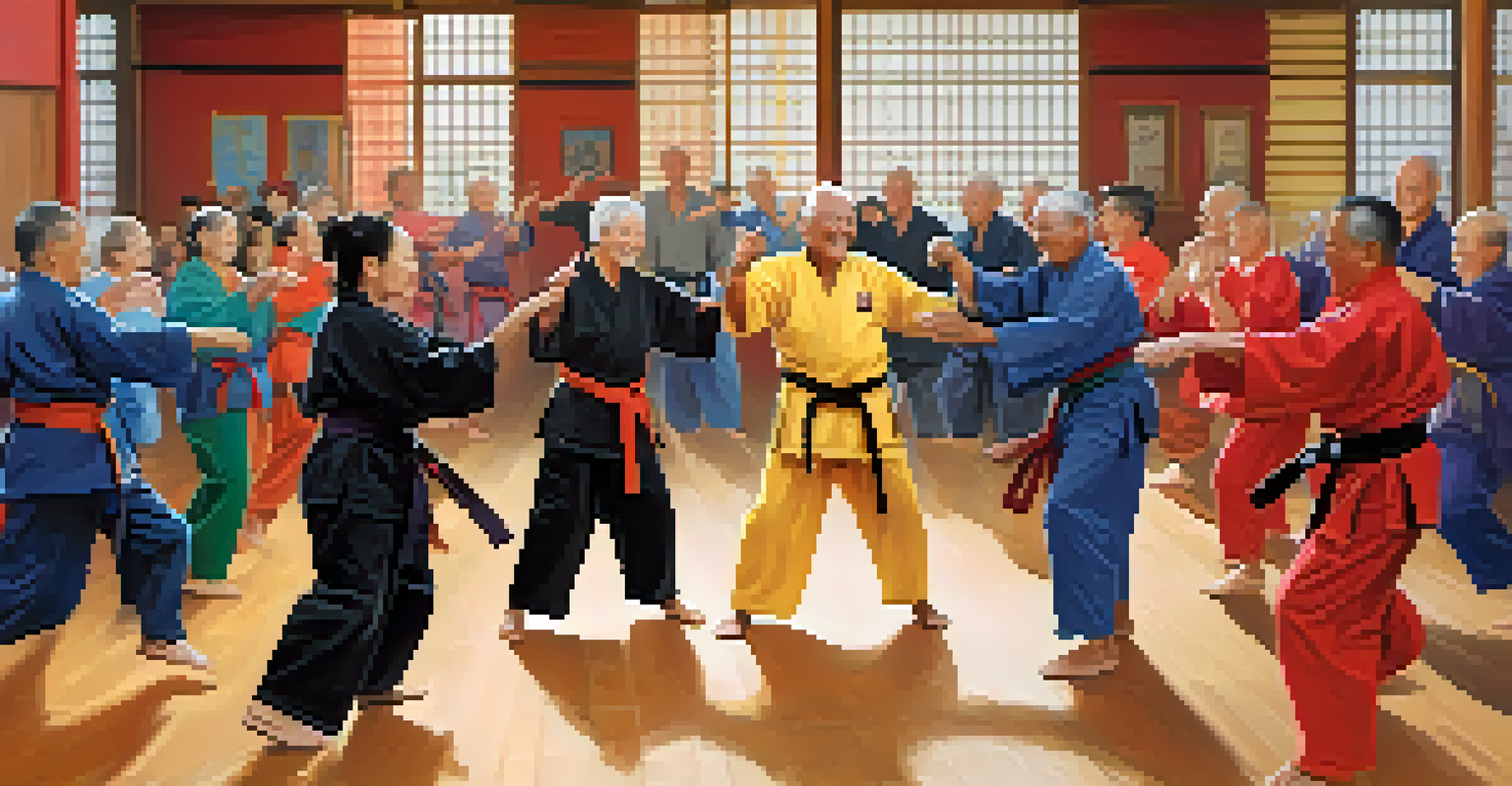 Older adults celebrating their achievements in a martial arts class, smiling and giving high-fives in a supportive dojo environment.