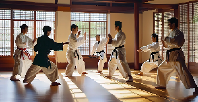 A group of diverse individuals practicing tai chi in a dojo with sunlight streaming through windows.