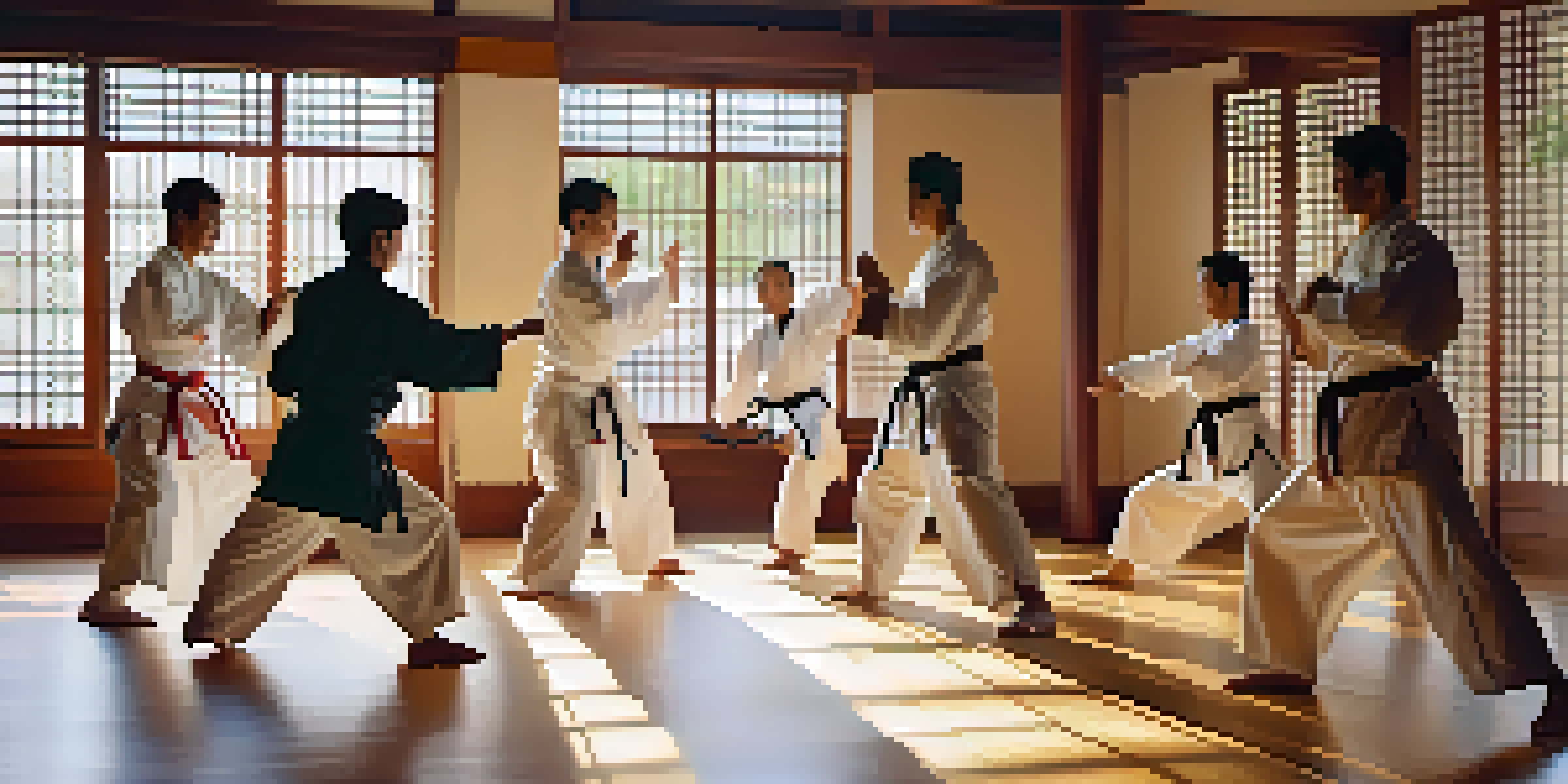 A group of diverse individuals practicing tai chi in a dojo with sunlight streaming through windows.