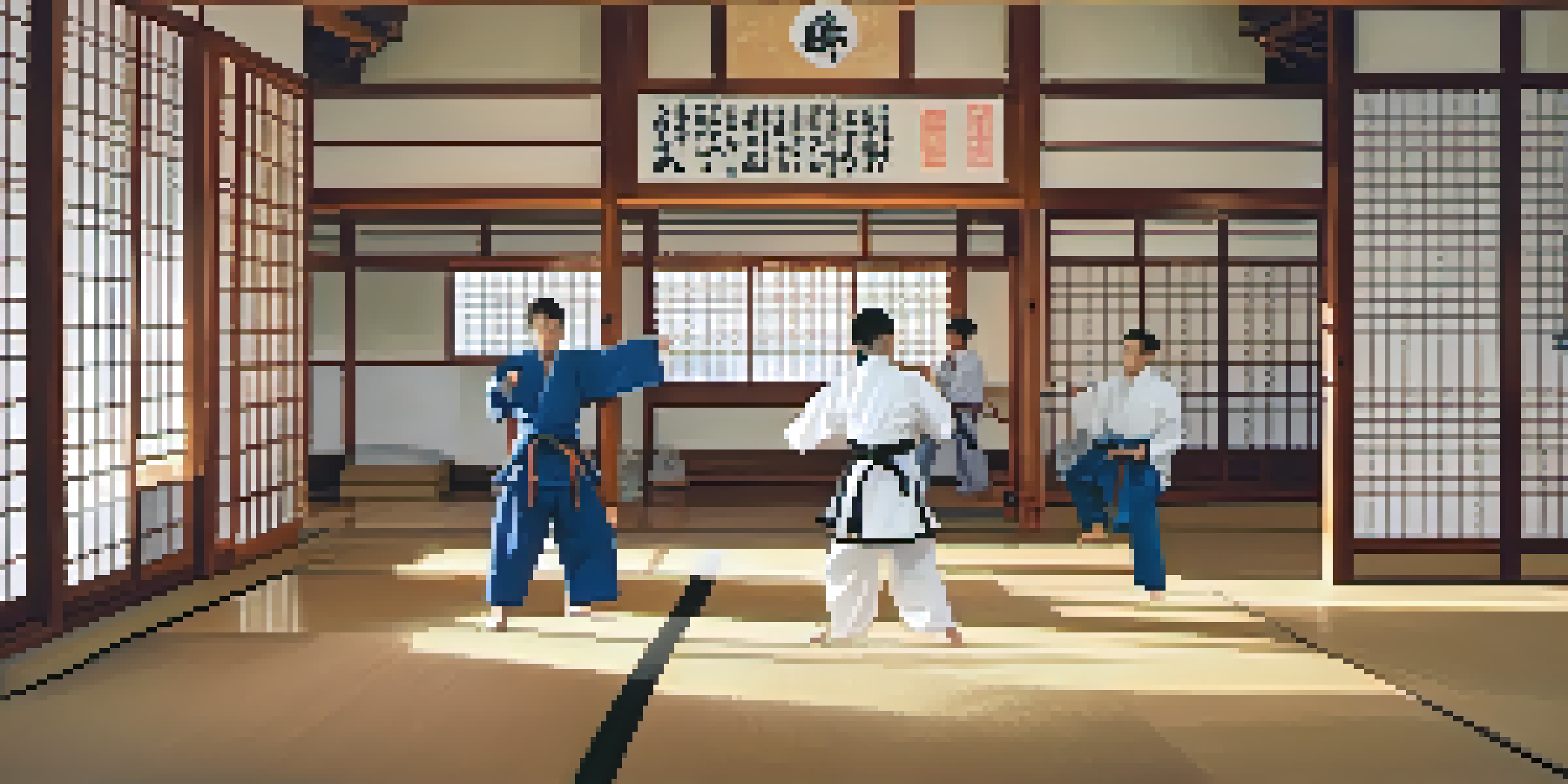 A calm martial arts dojo with students practicing, surrounded by traditional decor and soft lighting.