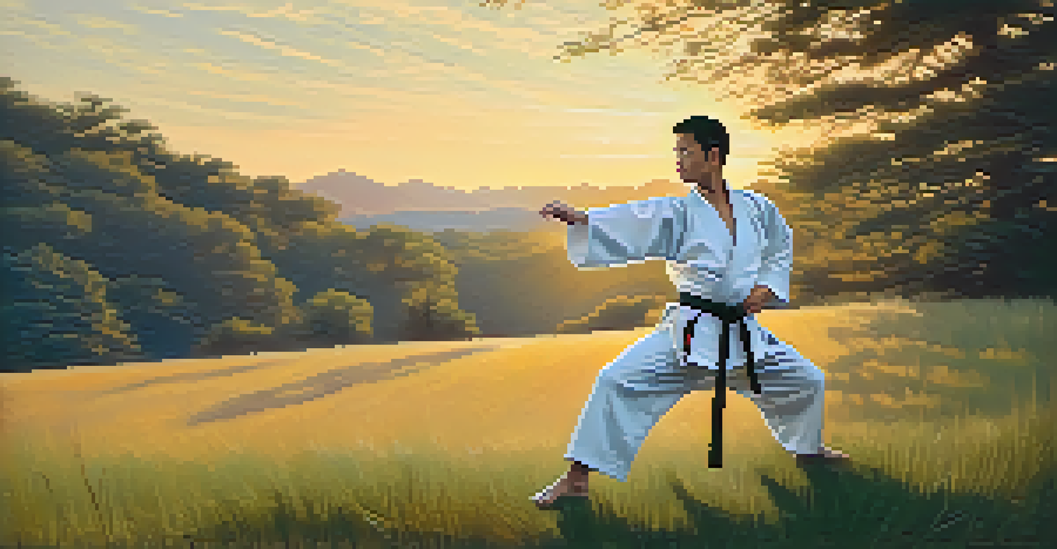 A person practicing martial arts movements outdoors during sunset, surrounded by natural beauty and a serene atmosphere.