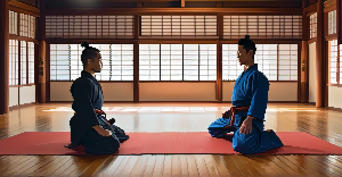 A peaceful dojo with two martial artists bowing to each other, emphasizing respect and tradition.
