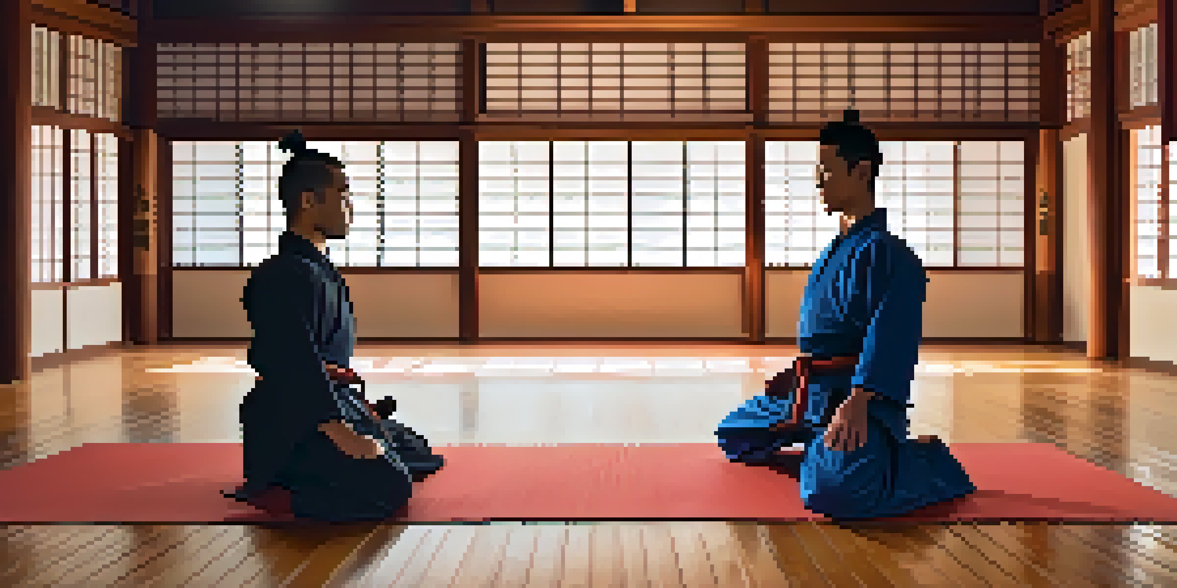 A peaceful dojo with two martial artists bowing to each other, emphasizing respect and tradition.