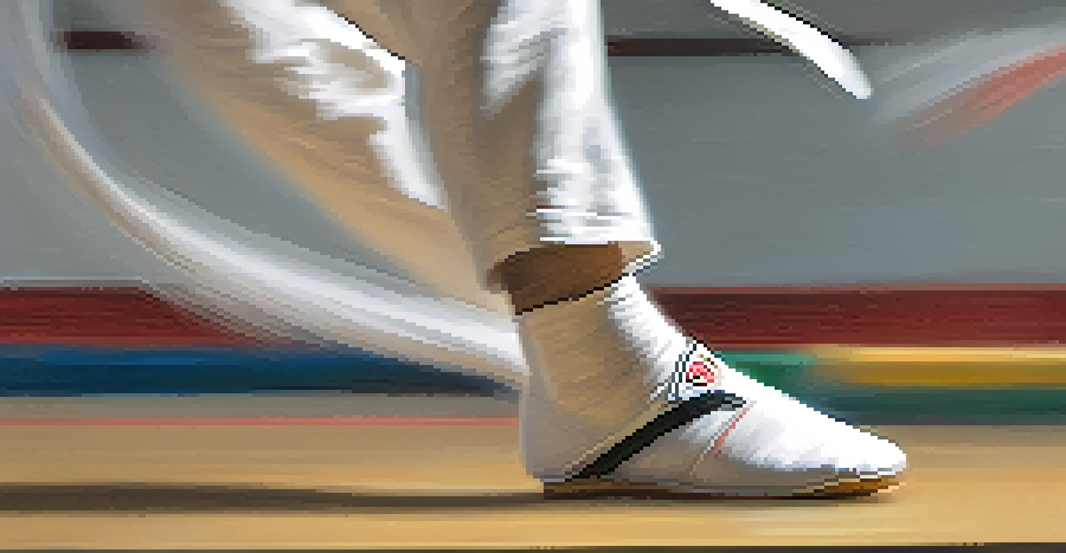 Close-up of a foot performing a side kick in Taekwondo, highlighting strength and precision.