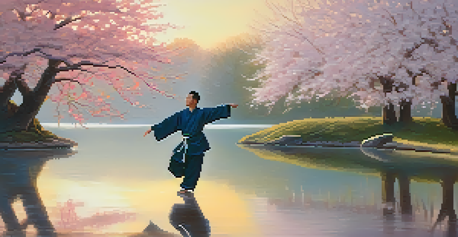 A person practicing Tai Chi in a park at sunrise with cherry blossoms and a tranquil lake in the background.