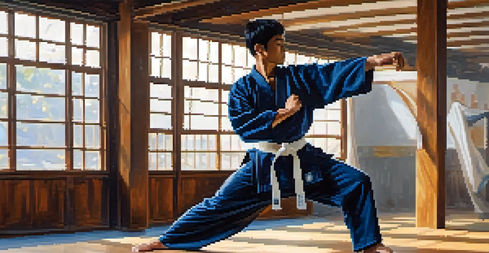 A martial artist doing dynamic stretches in a dojo, with bright natural light and training equipment visible.