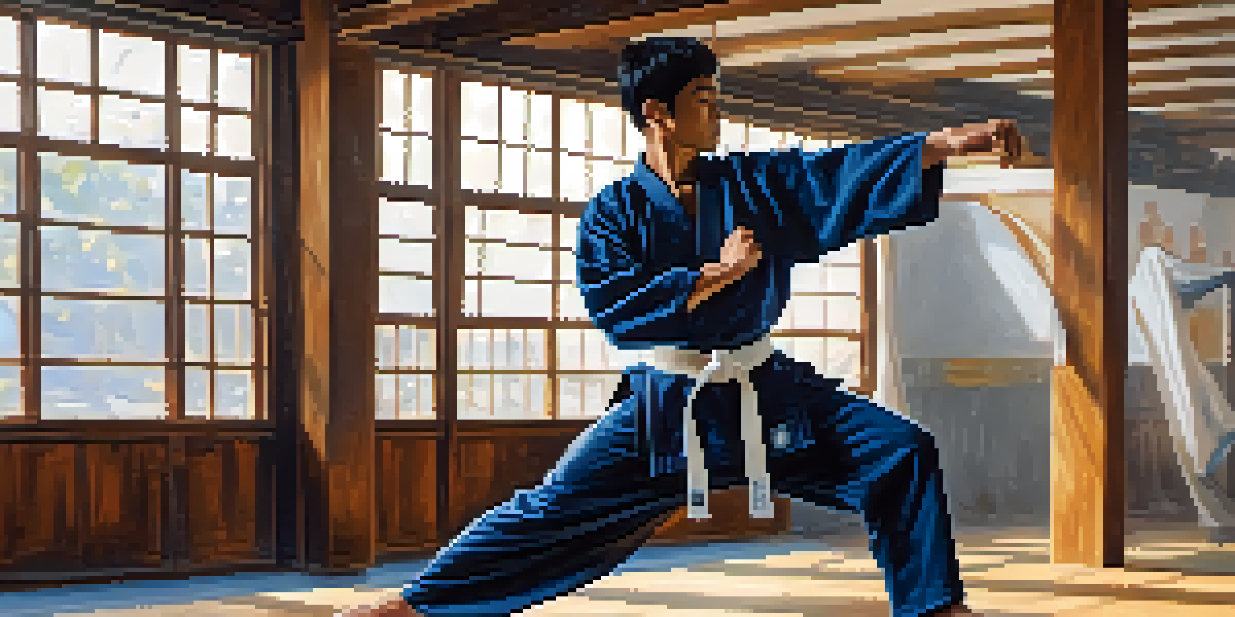 A martial artist doing dynamic stretches in a dojo, with bright natural light and training equipment visible.