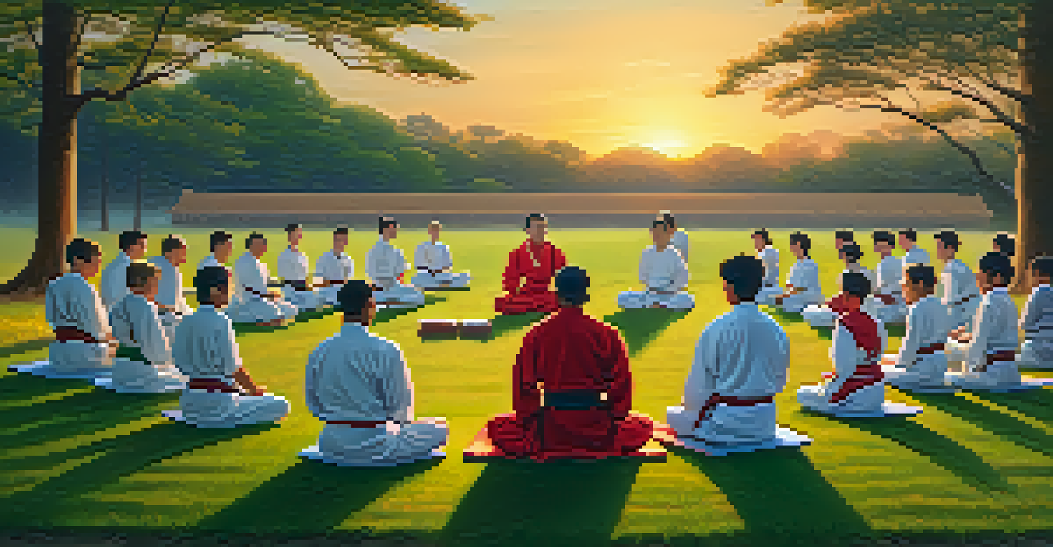 A group of martial artists meditating in a circle during sunset in a grassy field surrounded by trees.