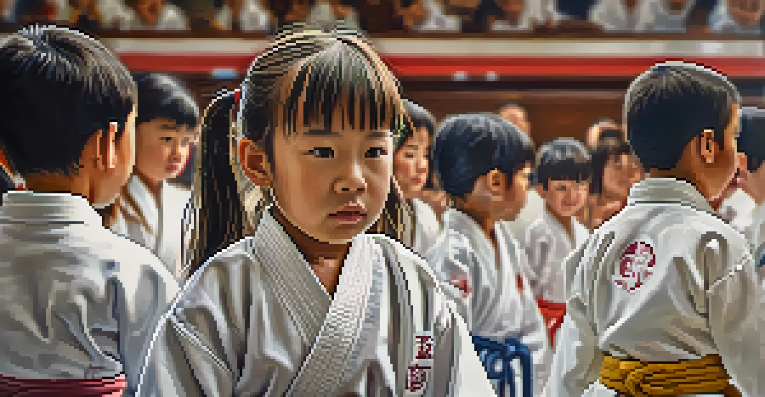 A determined child in a martial arts gi, preparing for a belt promotion with family support in the background.