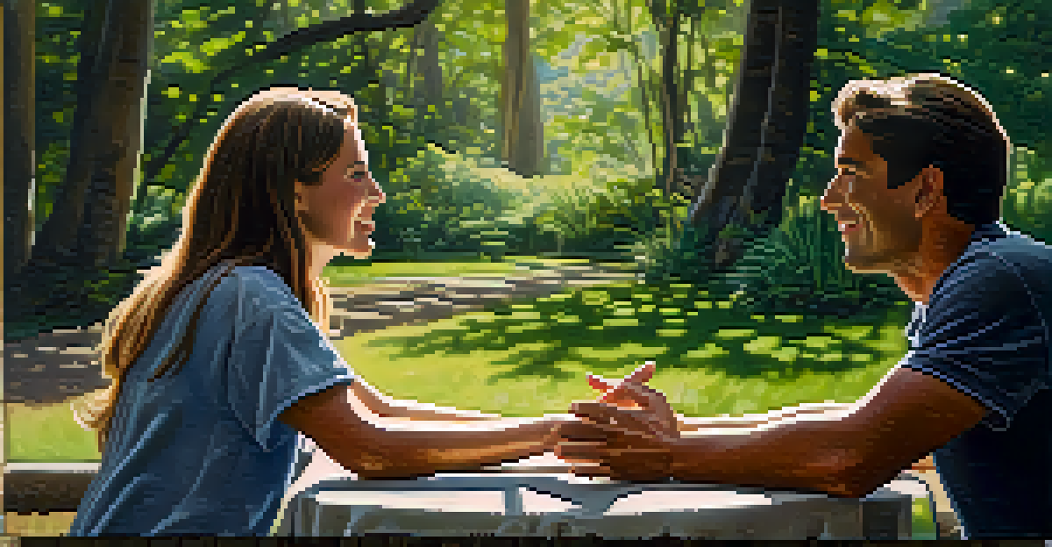 Two people engaged in a conversation outdoors amidst greenery, one listening attentively with a smile, and the other expressing thoughts with open hands.