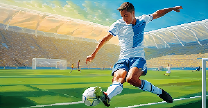 A soccer player performing a dynamic kick on a green field, demonstrating powerful leg extension and hip movement.