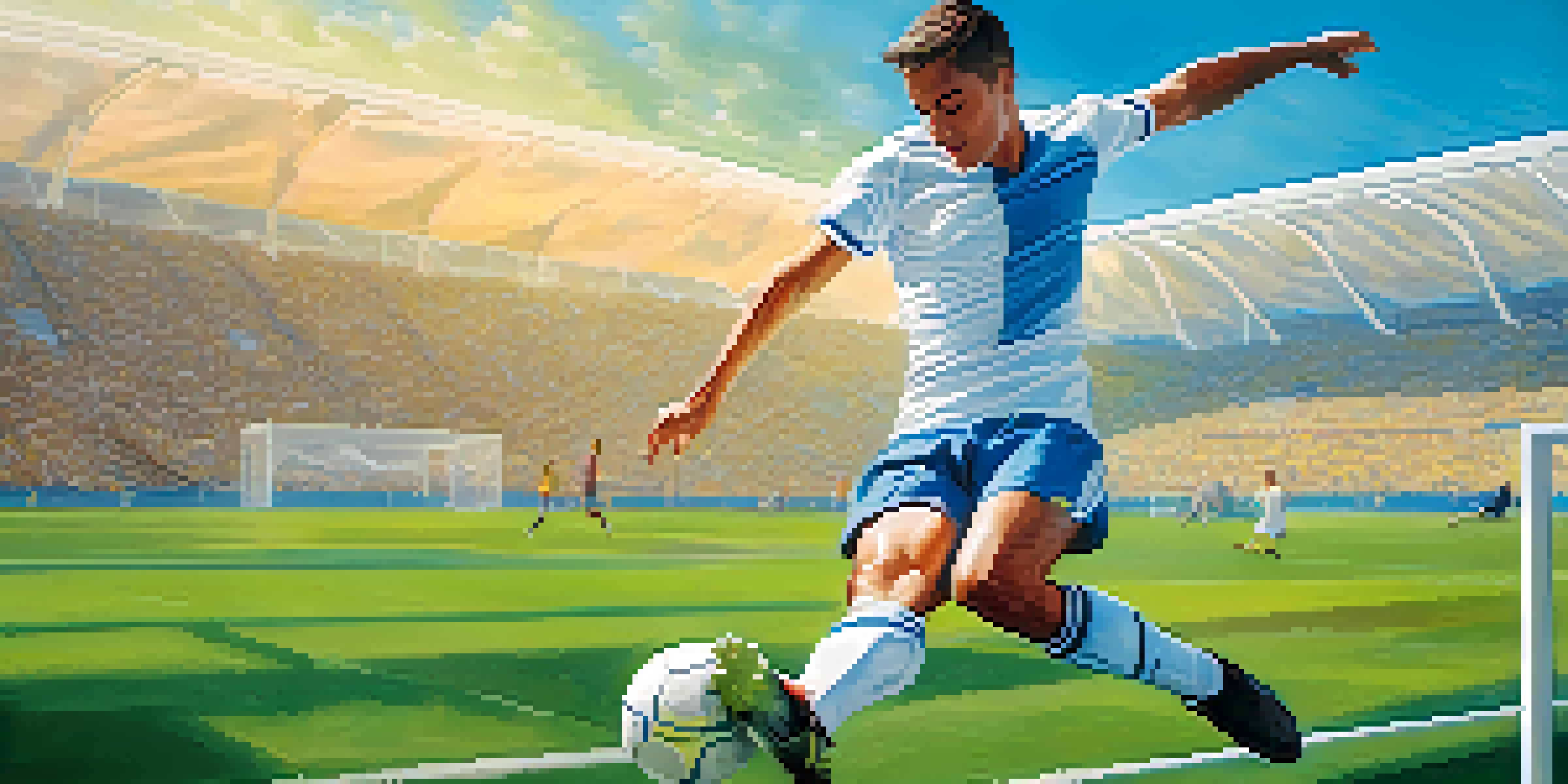 A soccer player performing a dynamic kick on a green field, demonstrating powerful leg extension and hip movement.