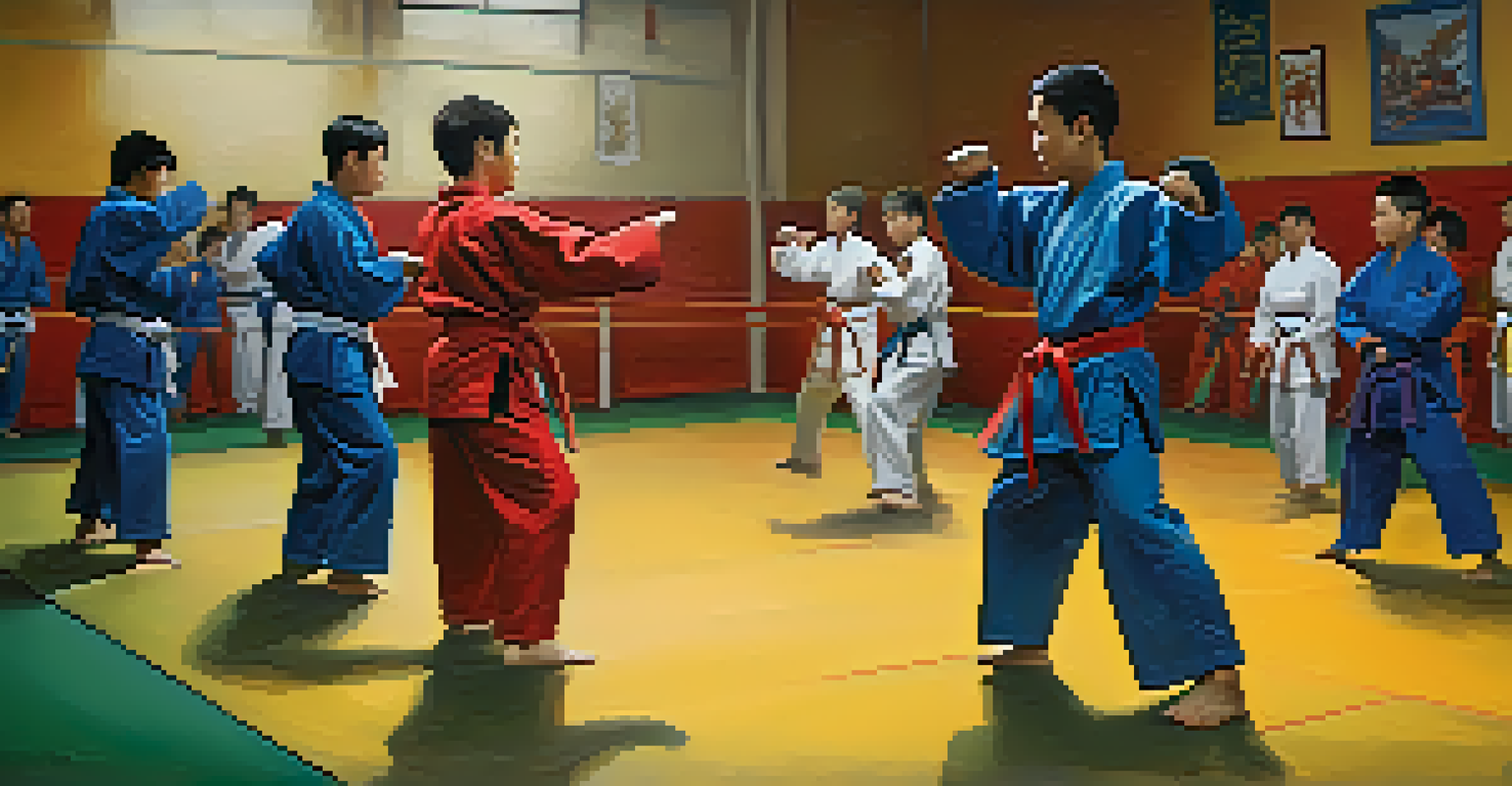 Students sparring in a martial arts class, showcasing a vibrant and supportive environment.