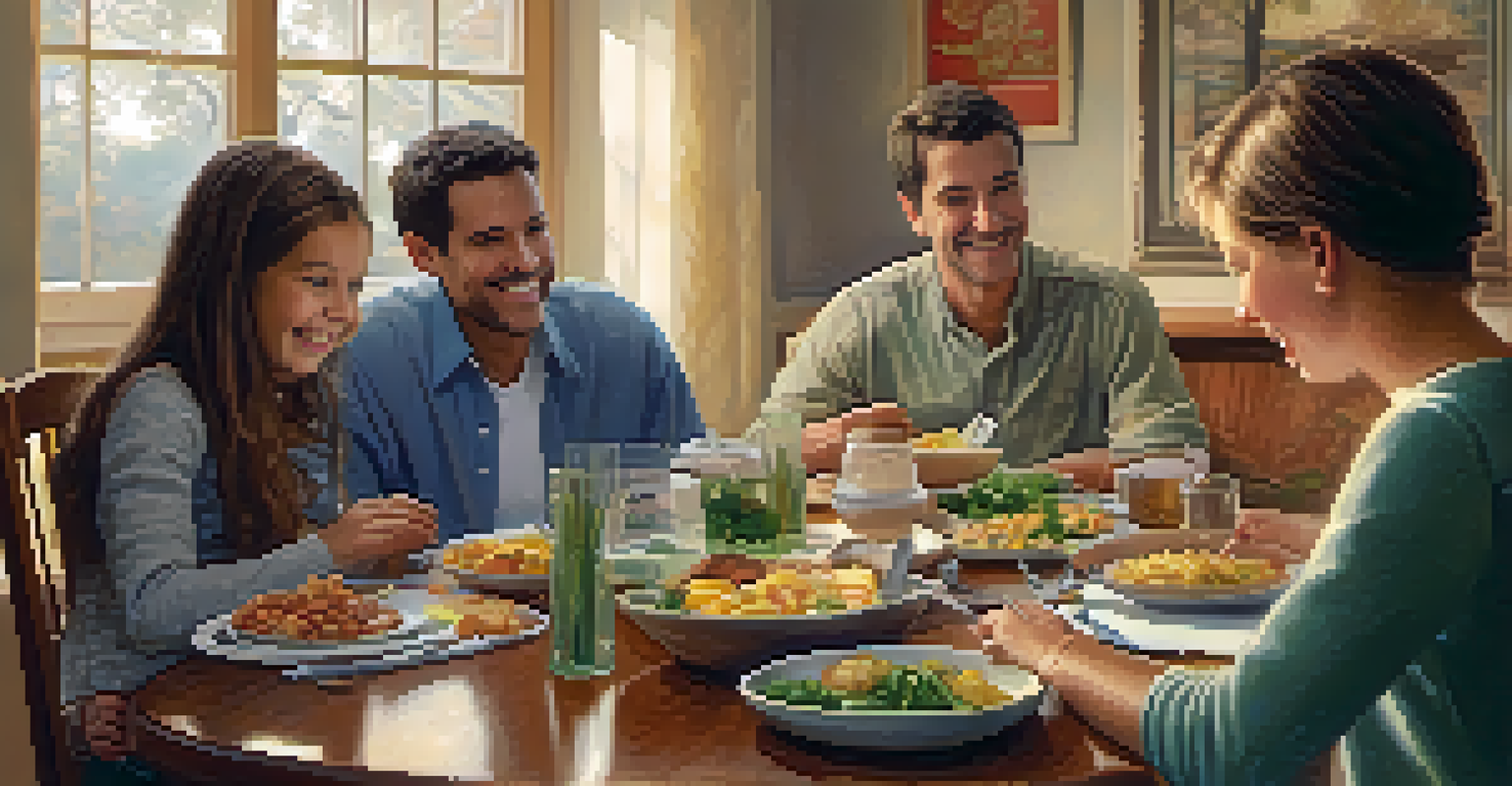A family discussing at a table with smiles, showcasing open communication and respect.