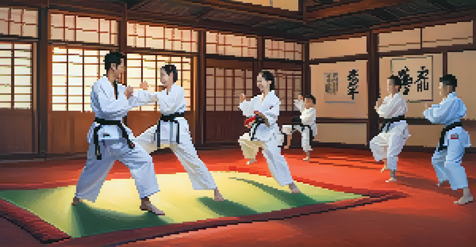 A happy family engaging in a playful martial arts training session, smiling and sparring with one another.
