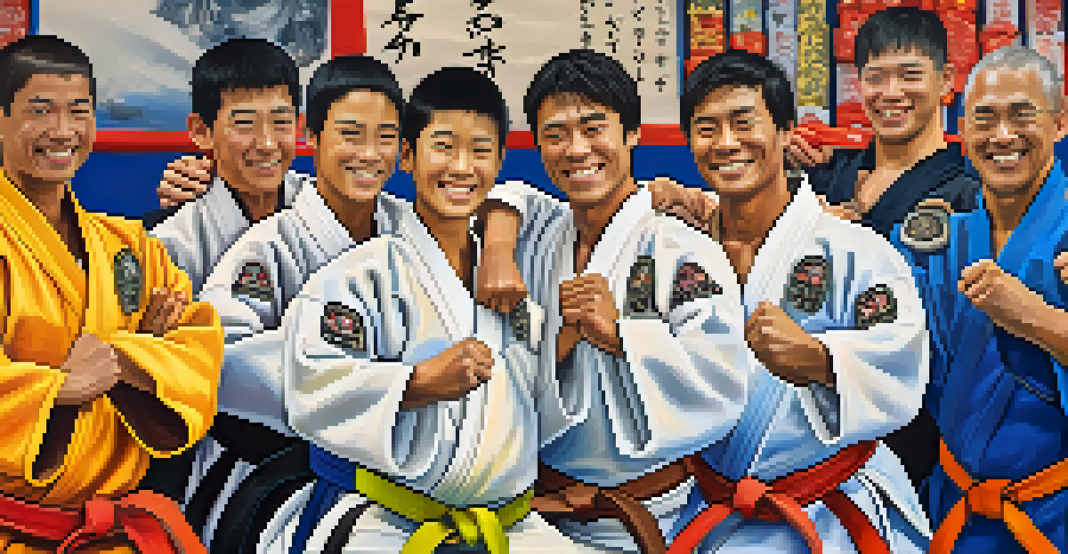 Diverse martial artists celebrating a belt promotion in the dojo, showcasing smiles and colorful belts.