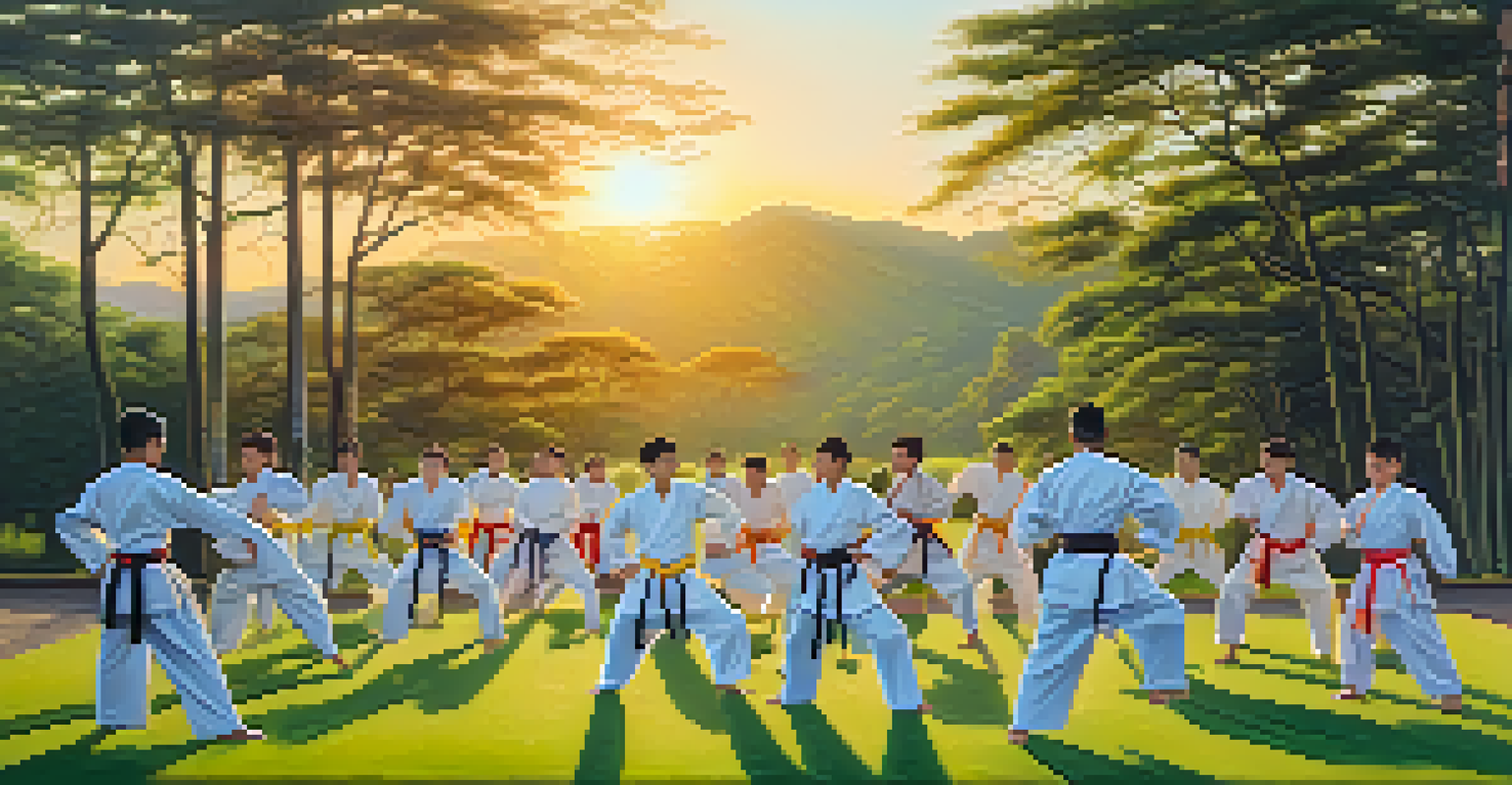 A group of martial artists practicing forms outdoors at sunrise, surrounded by lush greenery.