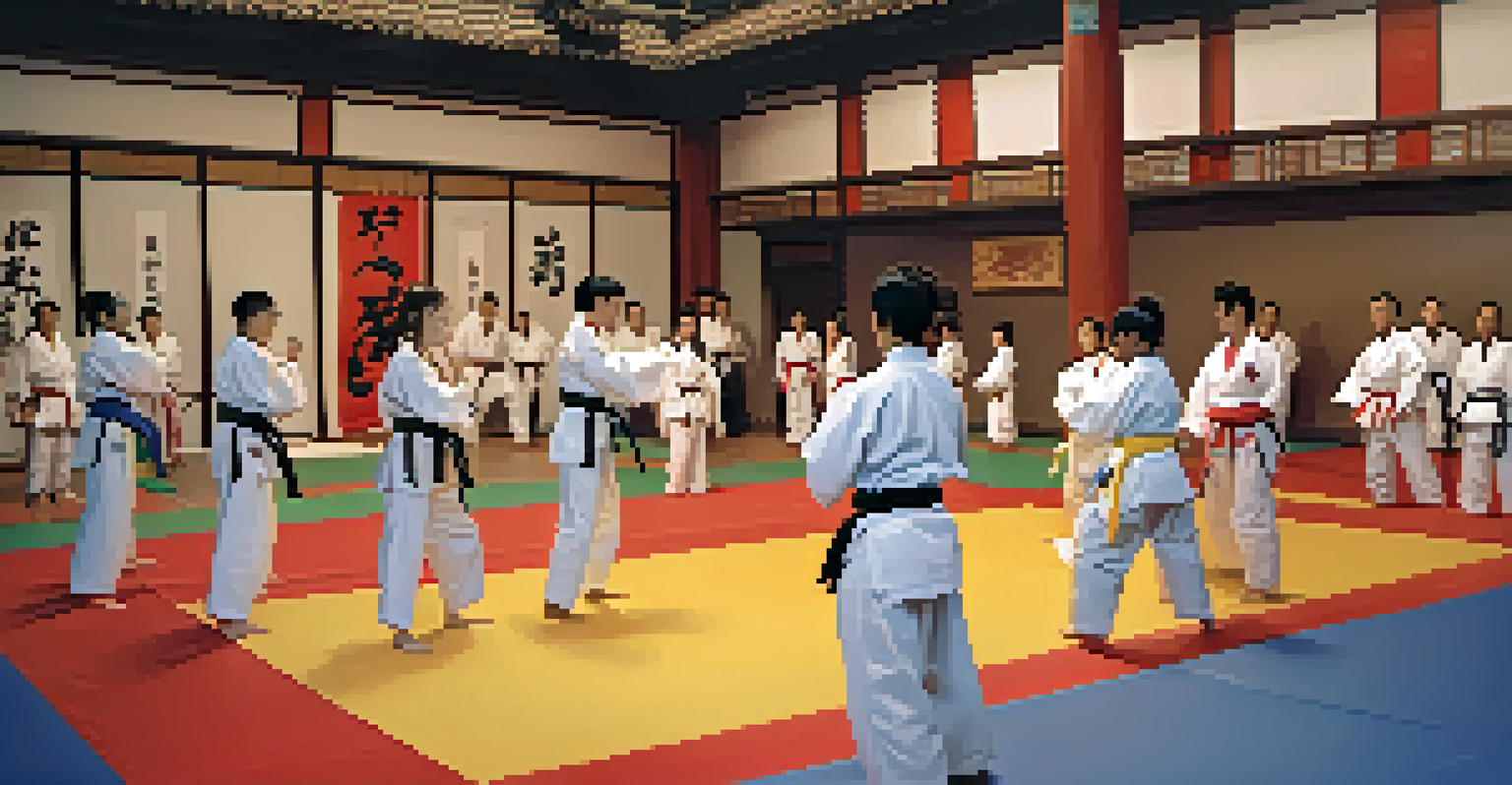 A group of martial arts students sparring in a dojo, with an instructor cheering them on.