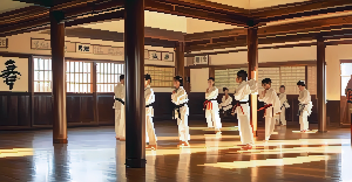 A peaceful martial arts dojo with students practicing in traditional uniforms under warm sunlight, enhancing the sense of focus and discipline.