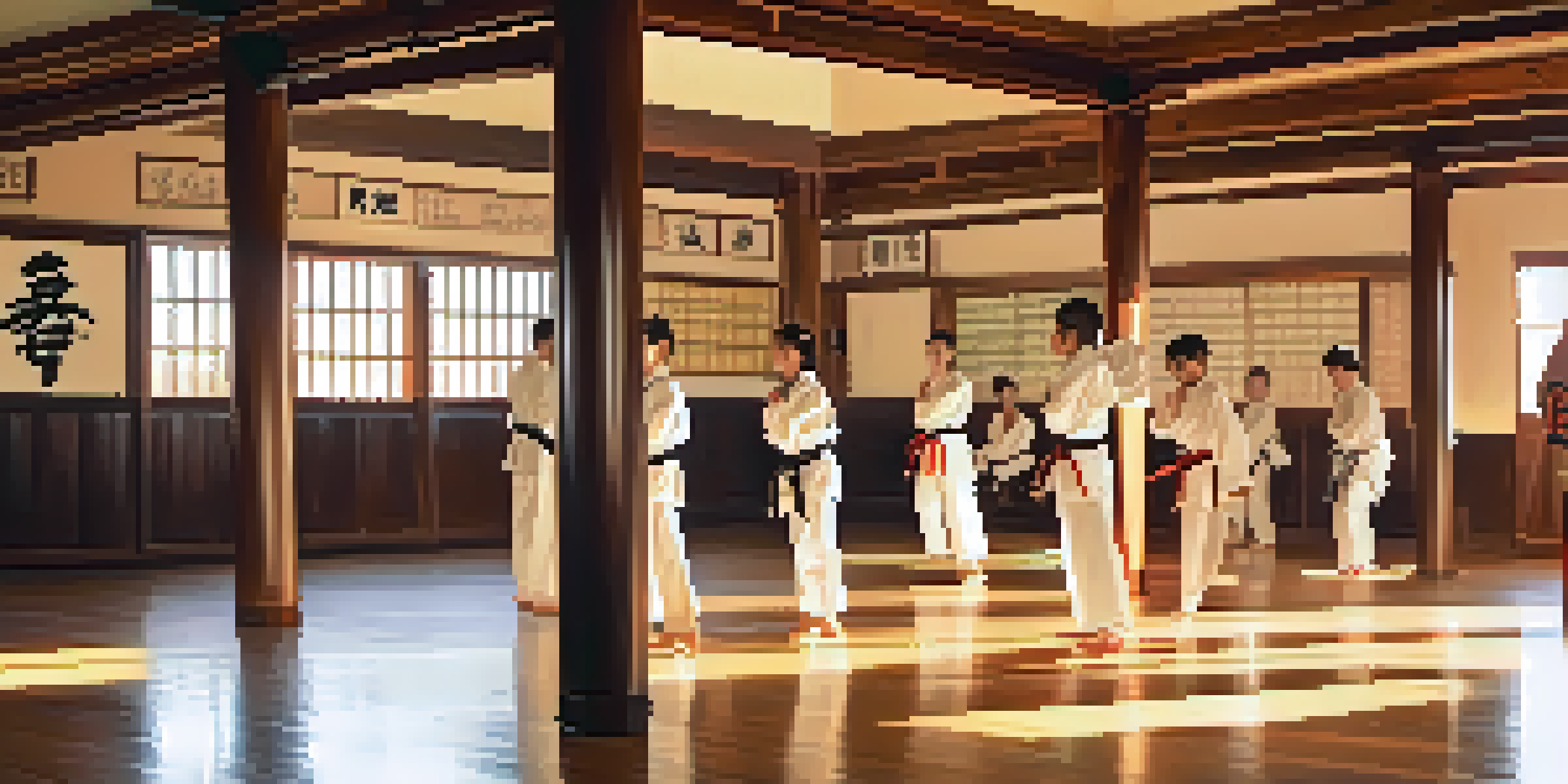 A peaceful martial arts dojo with students practicing in traditional uniforms under warm sunlight, enhancing the sense of focus and discipline.