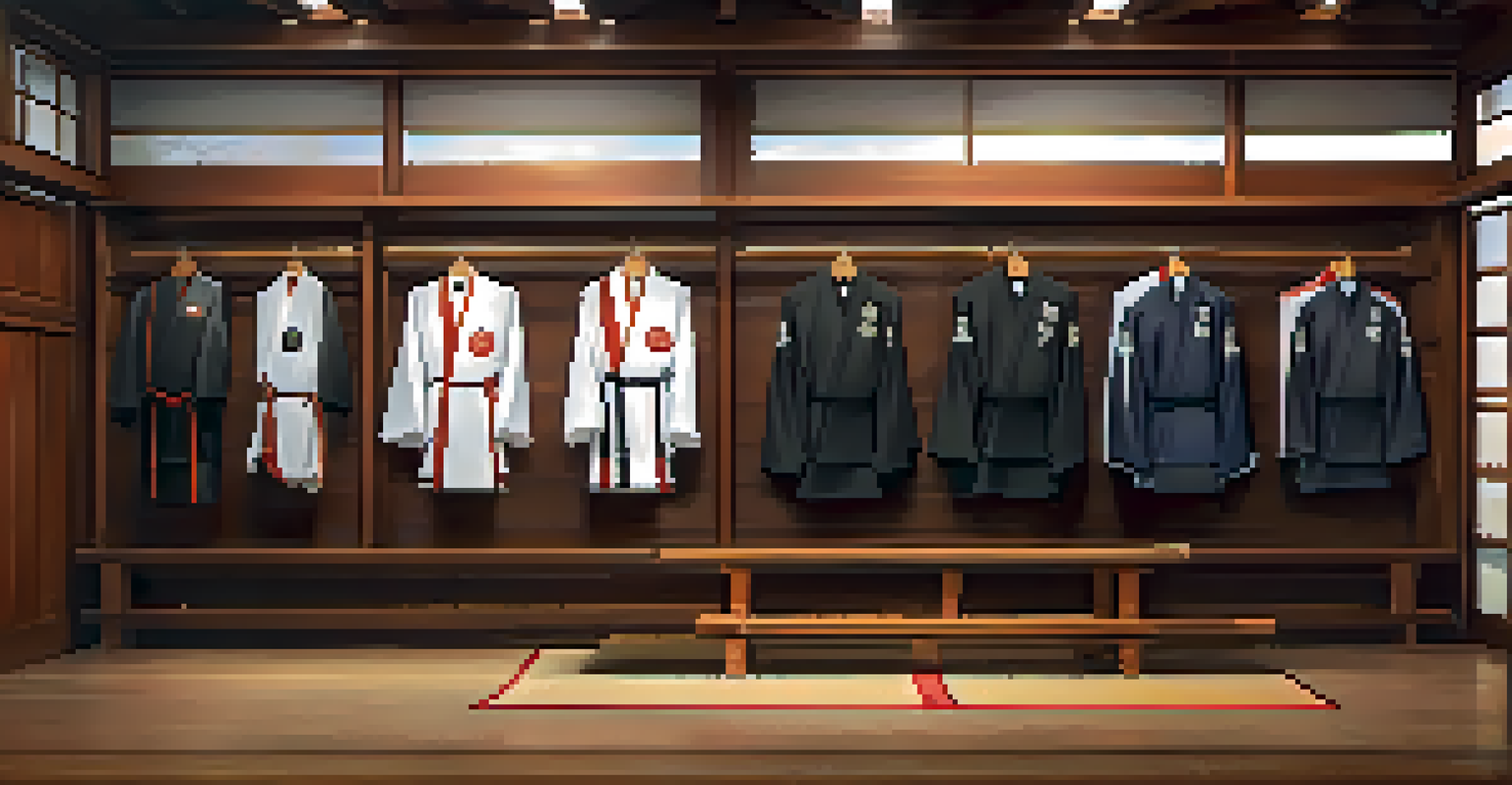 Traditional martial arts uniforms hanging on a wooden rack in a dojo, illuminated by soft natural light, showcasing their textures.