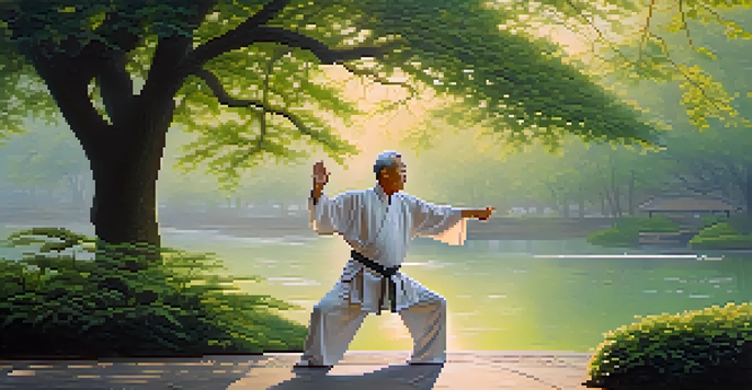 An elderly man practicing Tai Chi in a peaceful park at dawn, surrounded by greenery and mist.