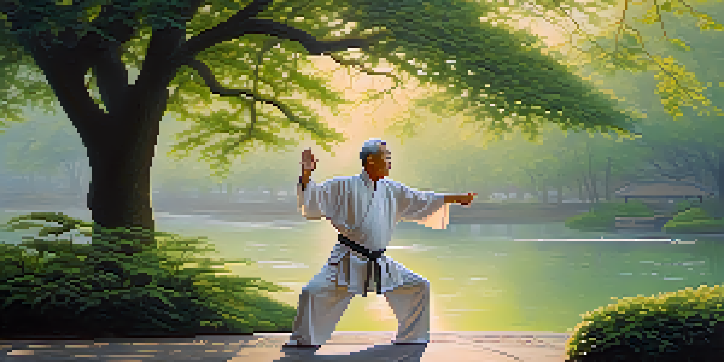 An elderly man practicing Tai Chi in a peaceful park at dawn, surrounded by greenery and mist.