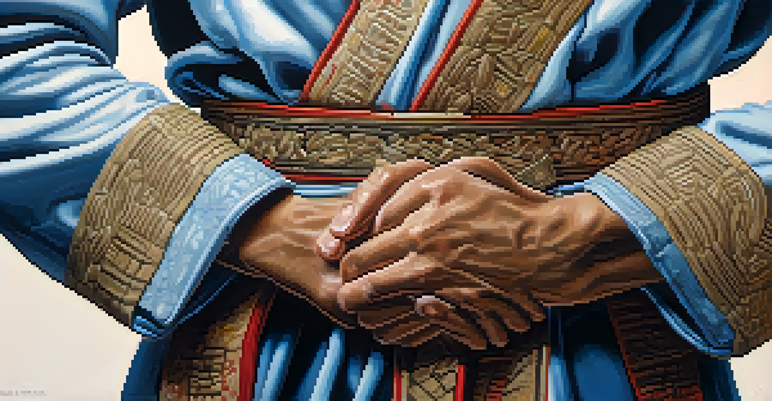 Close-up of a martial artist's hands in a respectful gesture, showcasing the texture and colors of a traditional belt.