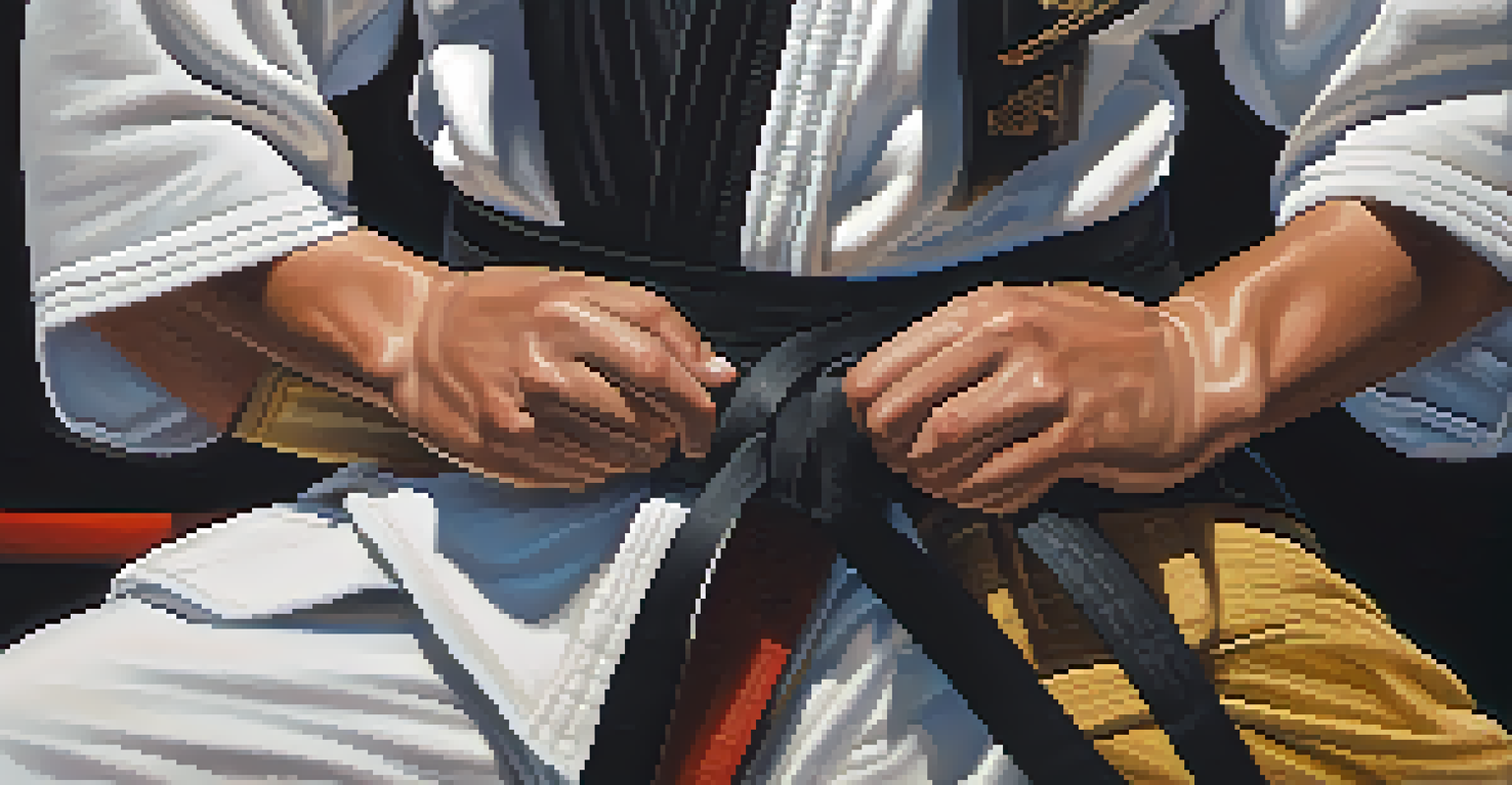 Close-up of a martial artist's hands tying their belt, highlighting the texture and dedication in the preparation for training.