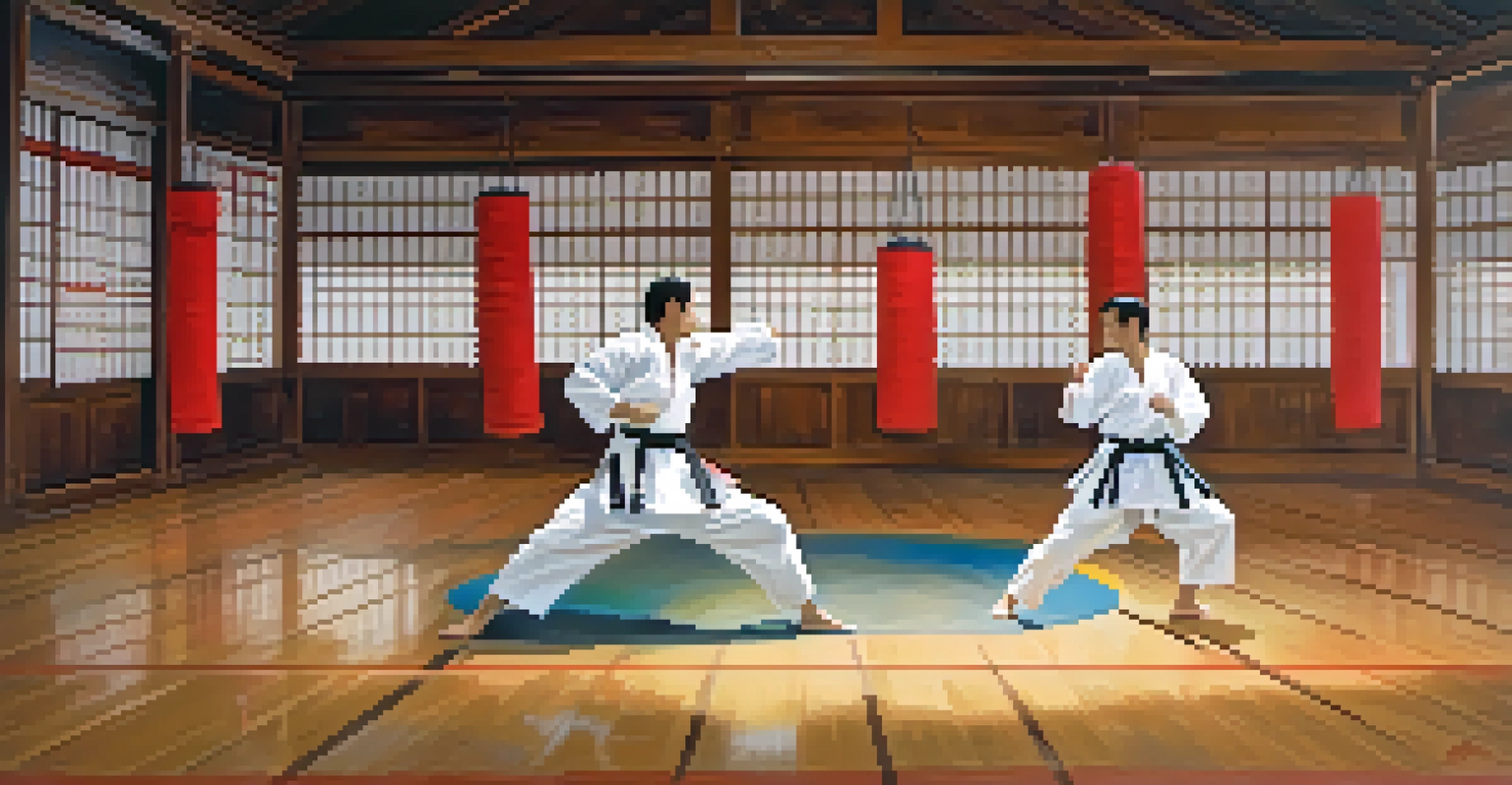 Two martial artists sparring in a brightly lit dojo, demonstrating focus and energy.