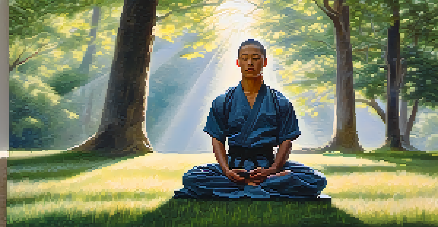 A martial artist sitting peacefully in a cross-legged position on grass, eyes closed, surrounded by nature.