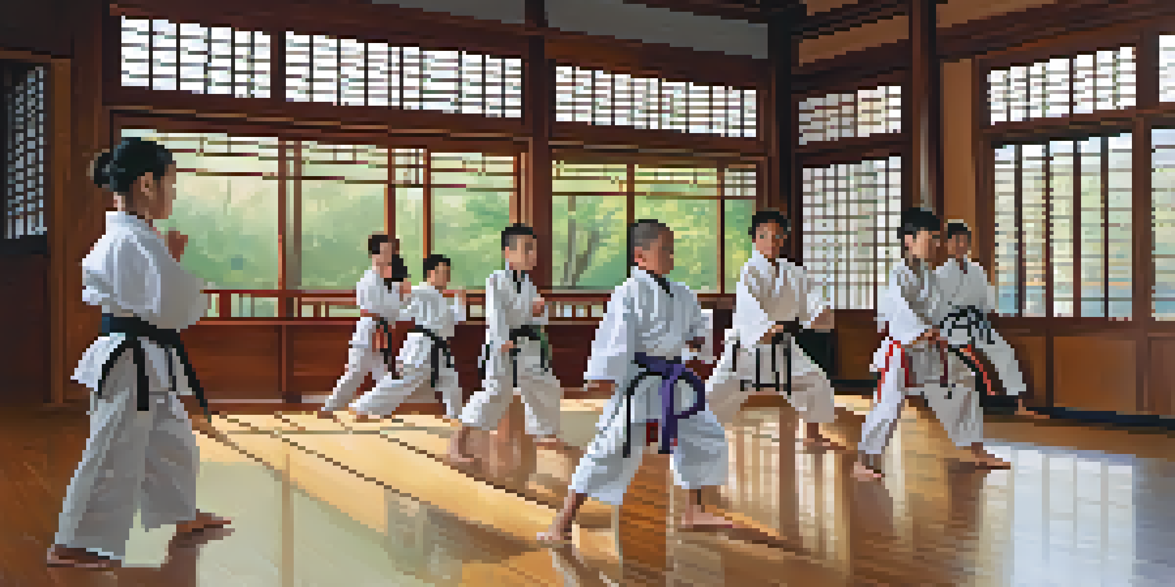 A diverse group of young martial arts students practicing in a well-lit dojo with a mentor observing them.