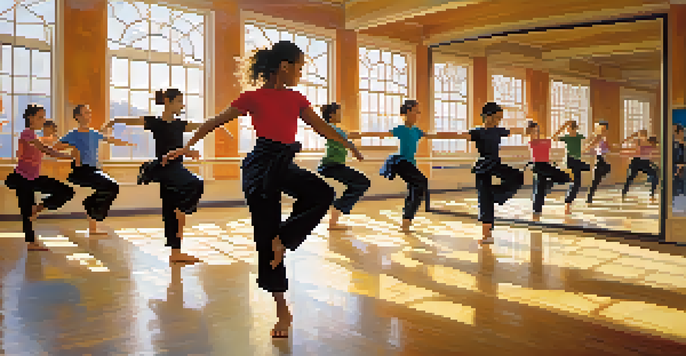 A lively dance class where students blend martial arts techniques into their choreography, featuring diverse young dancers in colorful attire against a sunlit studio backdrop.