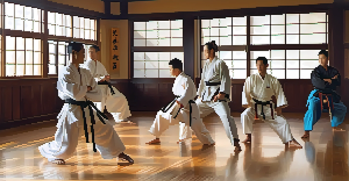 A diverse group of martial artists training together in a dojo, highlighting unity and cultural exchange.