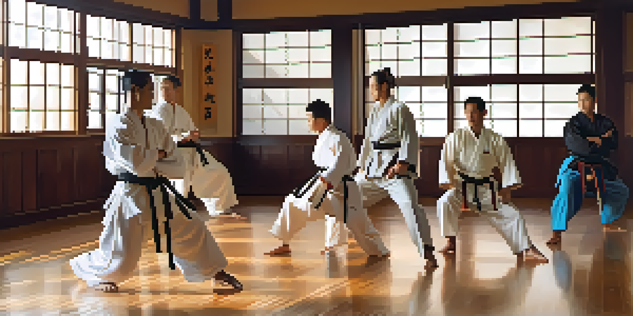 A diverse group of martial artists training together in a dojo, highlighting unity and cultural exchange.