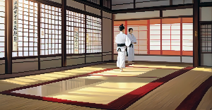 A peaceful dojo with a Sensei instructing students in traditional martial arts uniforms, illuminated by soft sunlight.