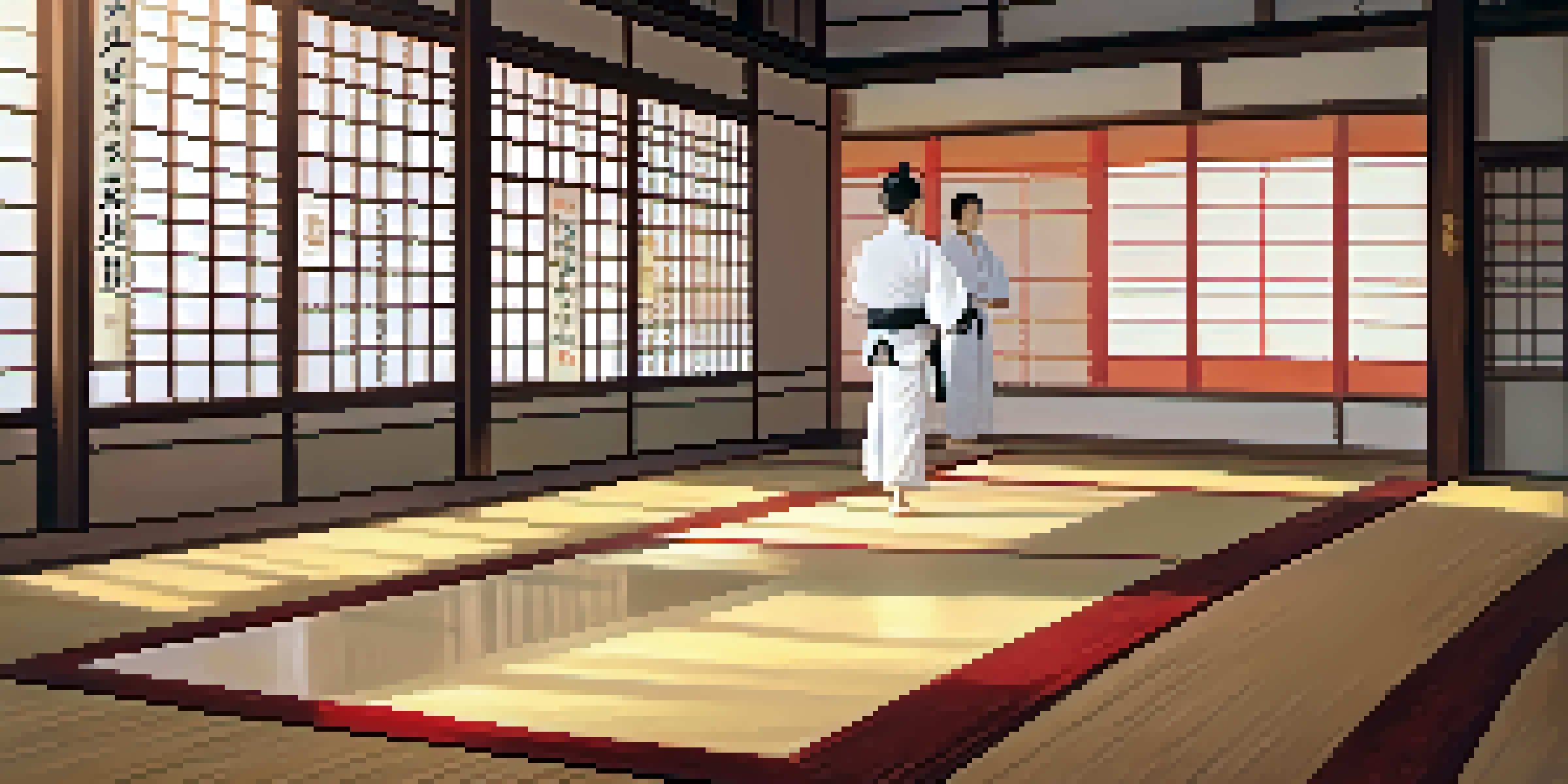 A peaceful dojo with a Sensei instructing students in traditional martial arts uniforms, illuminated by soft sunlight.