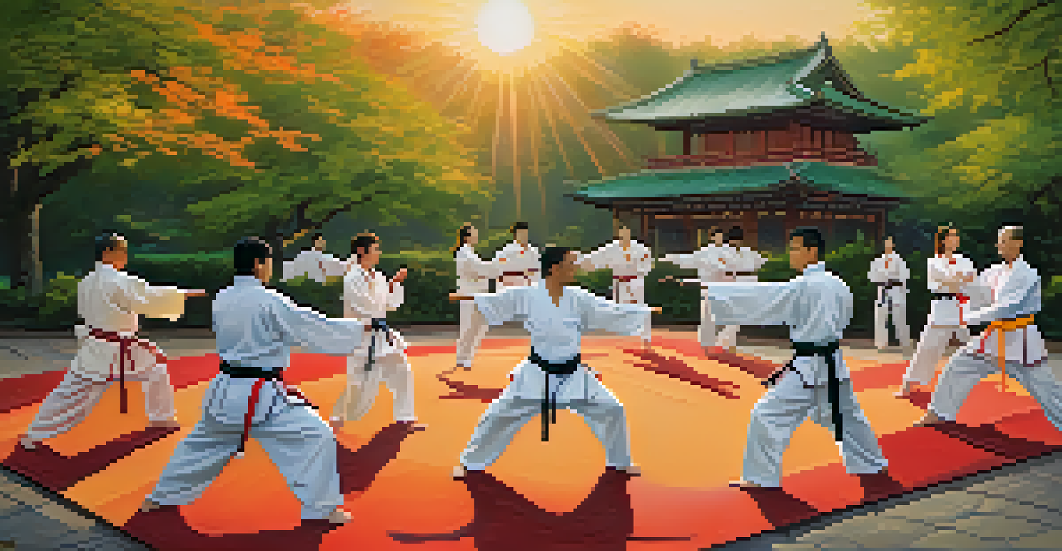A diverse group of martial artists in colorful gis training together at sunrise in a park, with cherry blossoms and warm sunlight enhancing the scene.