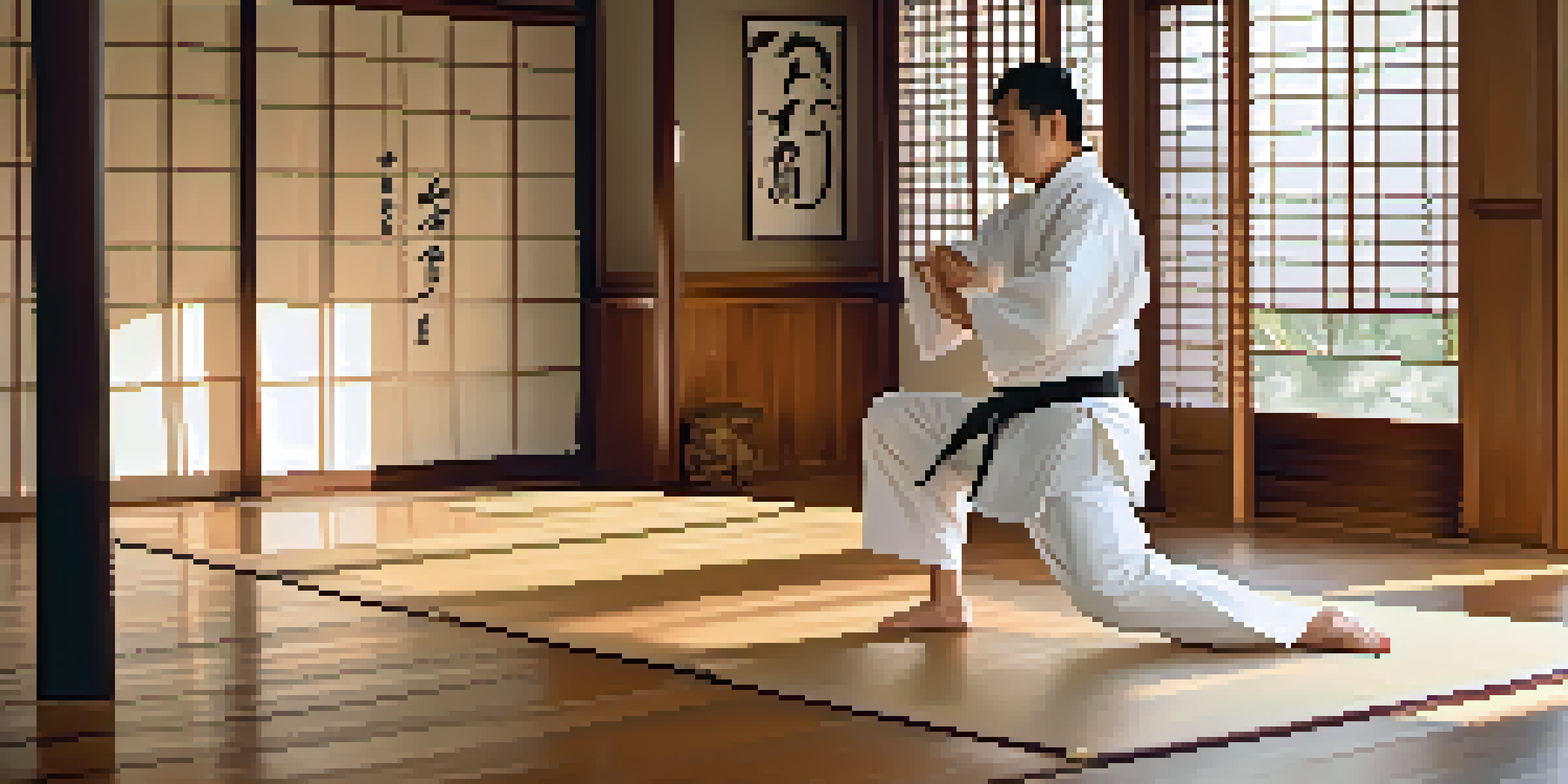 A martial artist practicing kata in a peaceful dojo with wooden floors and soft lighting.