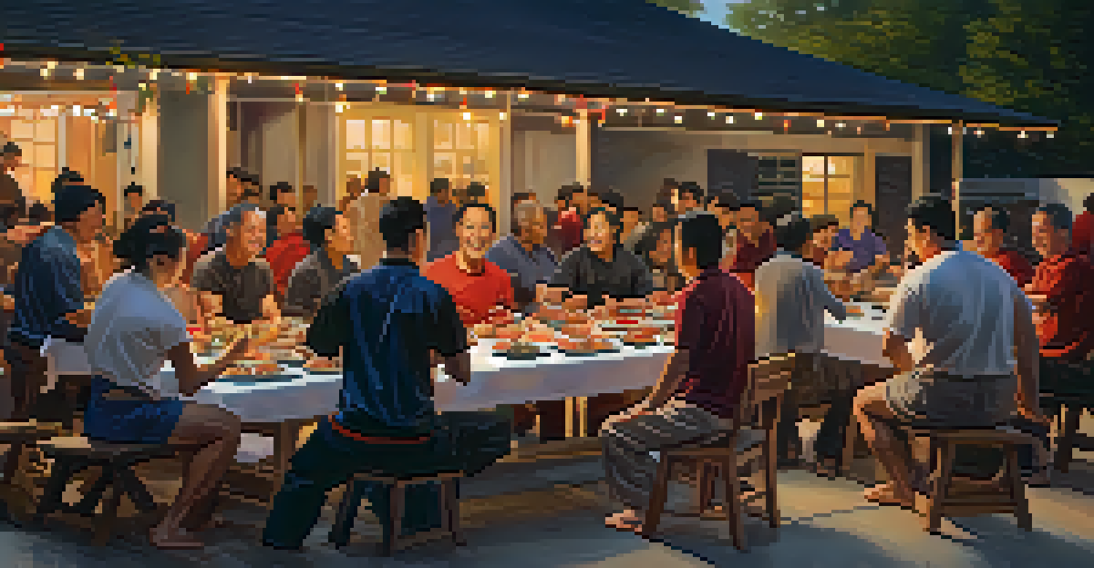 A group of martial arts practitioners at a barbecue, laughing and enjoying each other's company, showcasing friendship beyond training.