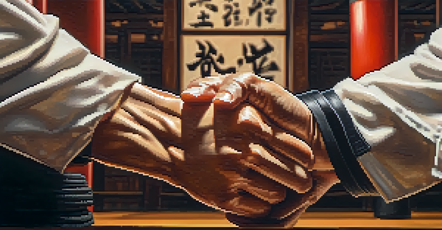 Close-up of a martial artist's hands executing a punch, showing sweat on their forearms and a blurred dojo background.