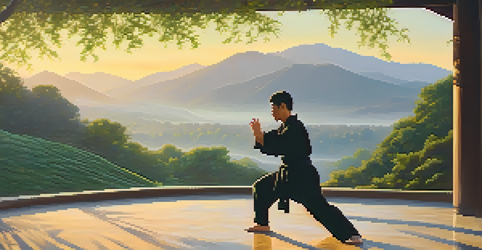A practitioner doing tai chi outdoors during sunrise, surrounded by nature.