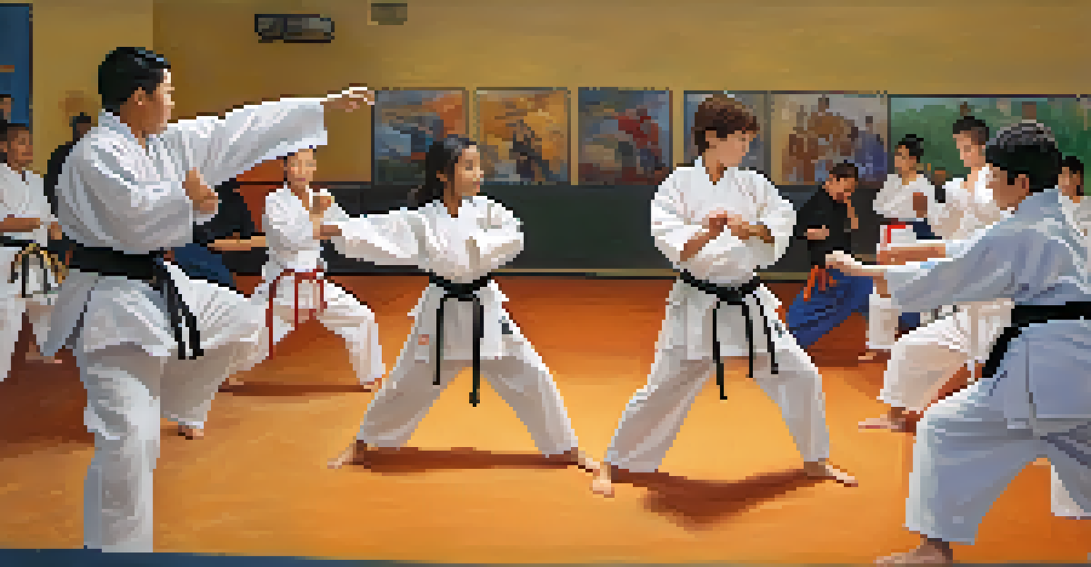 An inclusive martial arts class where students of different abilities practice techniques together, demonstrating support and teamwork.
