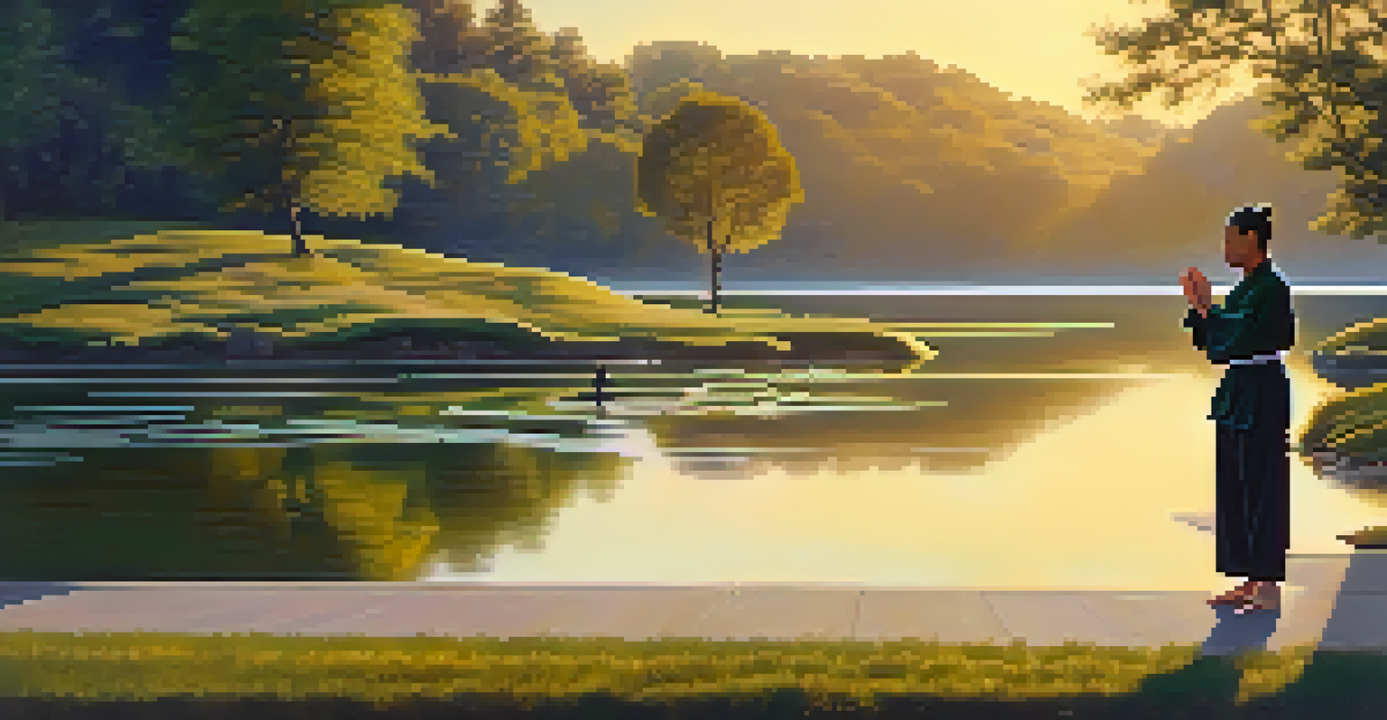 A martial artist practicing tai chi at sunrise in a tranquil park, surrounded by nature and a calm lake.