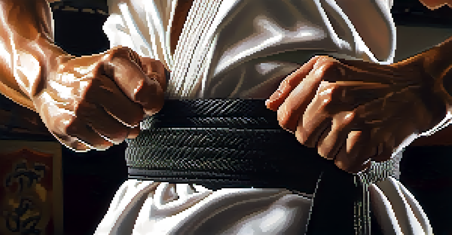 A close-up of a martial artist tying their belt, showcasing focus and determination.