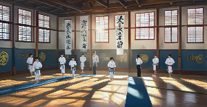 A peaceful martial arts dojo with students practicing under warm morning light, surrounded by traditional symbols.