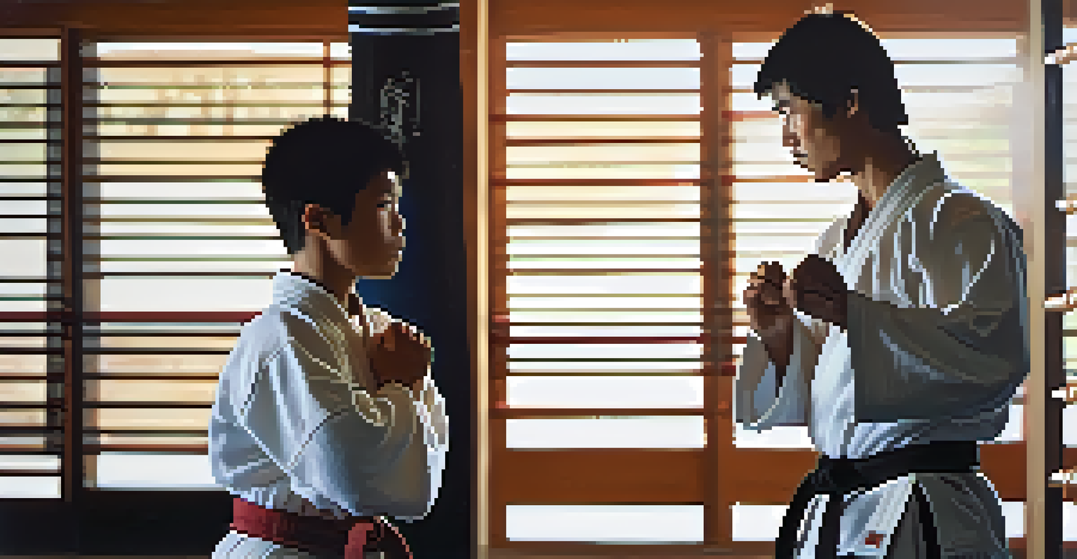 Close-up of two martial arts students communicating and practicing techniques in a dojo, emphasizing collaboration and trust.